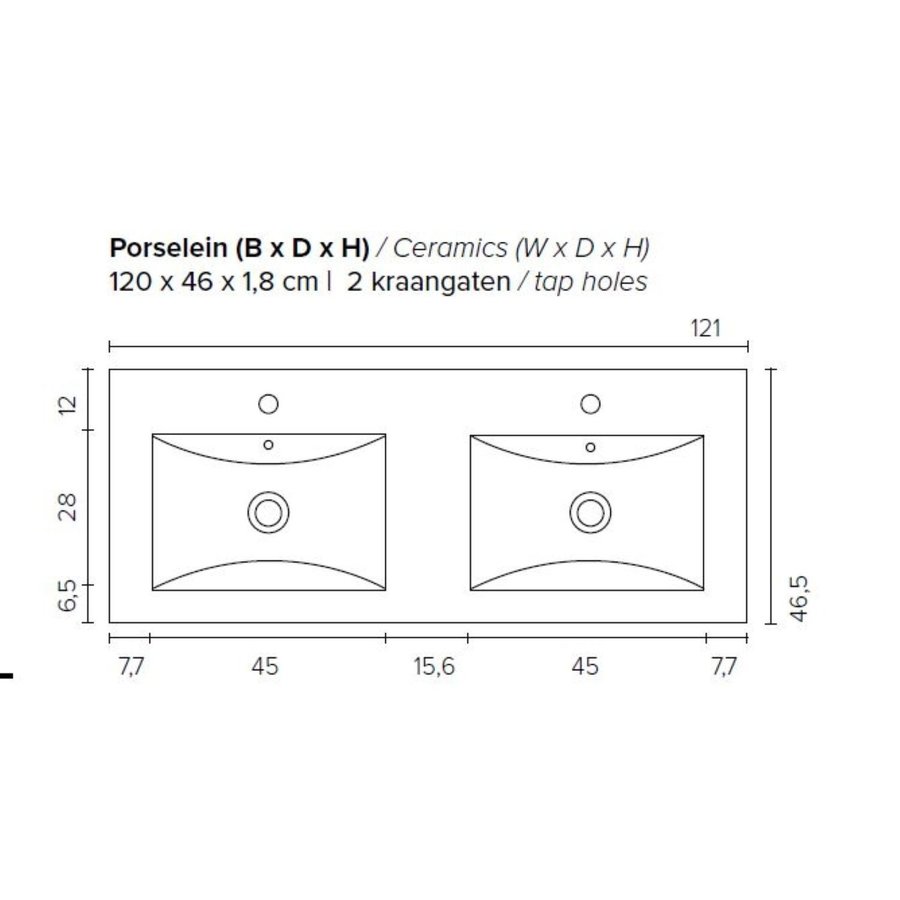 Badkamermeubel Boss & Wessing Pepper Wastafel Porselein Twee Kraangaten 120x55x46 cm Wit