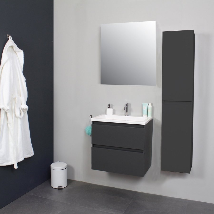 Badkamermeubel Boss & Wessing Pepper Acryl Wastafel Met Kraangat Inclusief Spiegel 60x55x46 cm Antraciet