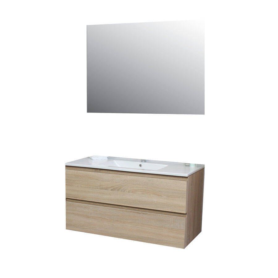 Badkamermeubel Boss & Wessing Pepper Wastafel Porselein Incl Spiegel En Kraangat 100x55x46 cm Eiken