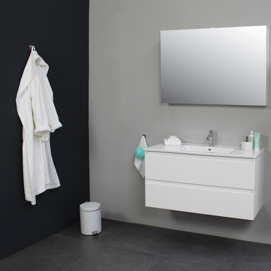 Badkamermeubel Boss & Wessing Pepper Wastafel Porselein Incl Spiegel En Kraangat 100x55x46 cm Wit