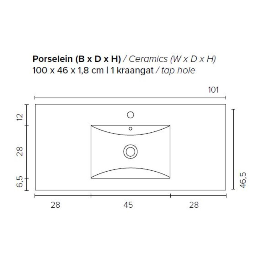 Badkamermeubel Boss & Wessing Pepper Wastafel Porselein Incl Spiegel En Kraangat 100x55x46 cm Wit