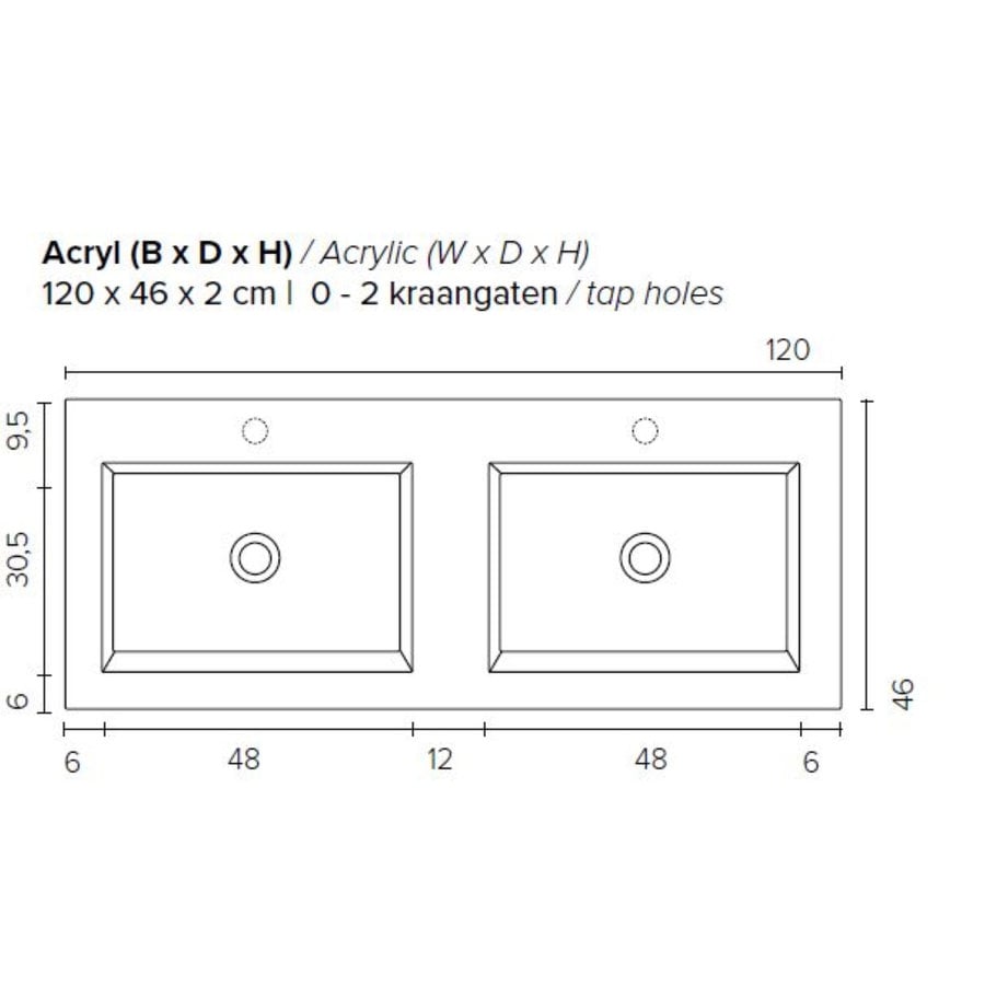 Badkamermeubel Boss & Wessing Pepper Acryl Wastafel Incl Spiegel Twee Kraangaten 120x55x46 cm Wit