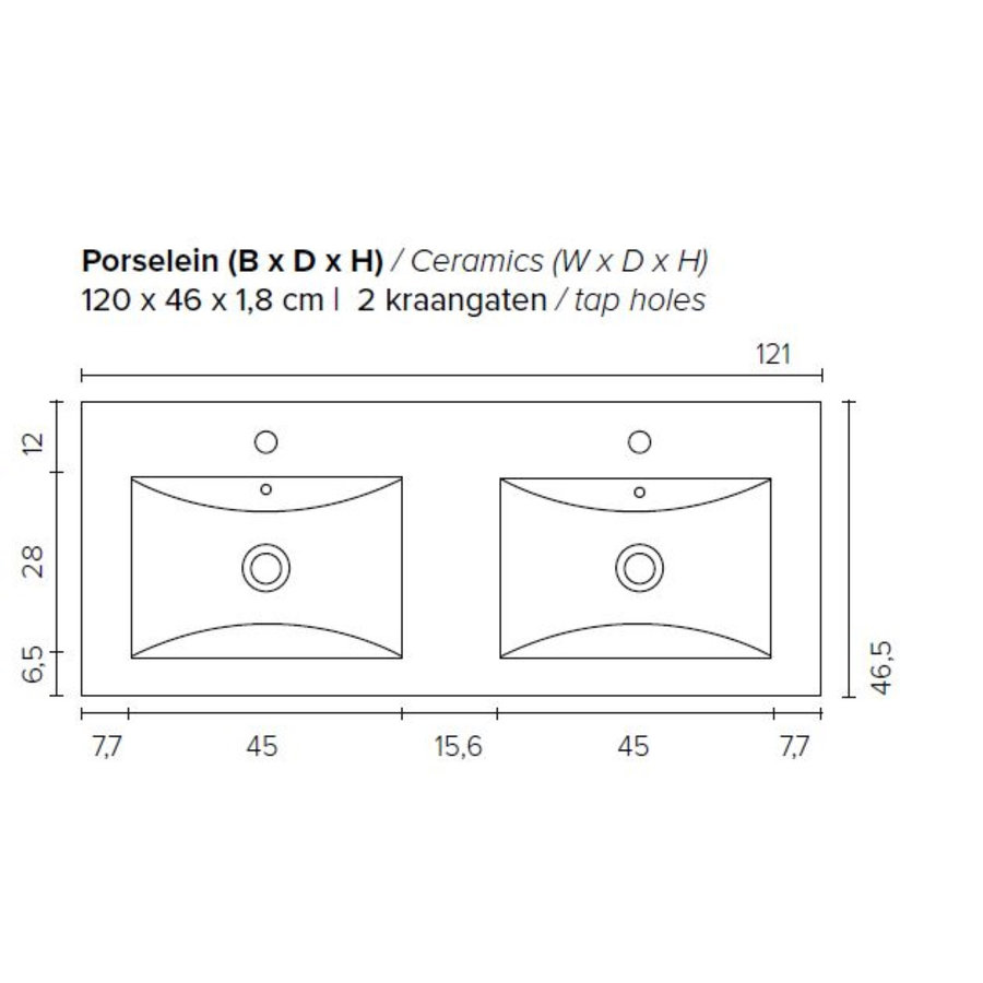 Badkamermeubel Boss & Wessing Pepper Wastafel Porselein Twee Kraangaten Incl Spiegel 120x55x46 cm Antraciet