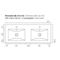 Badkamermeubel Boss & Wessing Pepper Wastafel Porselein Twee Kraangaten Incl Spiegel 120x55x46 cm Wit