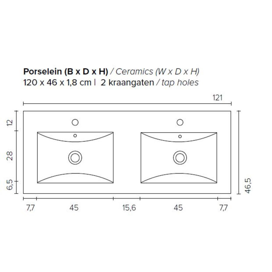 Badkamermeubel Boss & Wessing Pepper Wastafel Porselein Twee Kraangaten Incl Spiegel 120x55x46 cm Wit