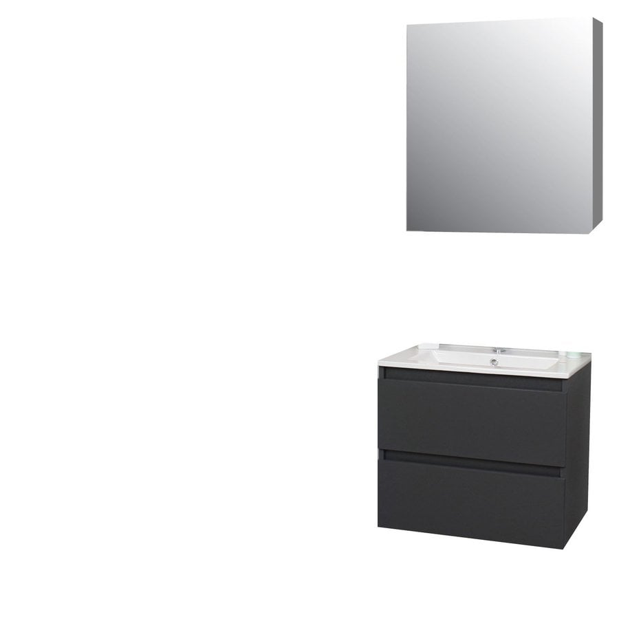 Badkamermeubel BWS Pepper Wastafel Porselein Incl Spiegelkast Met Kraangat 60x55x46 cm Antraciet