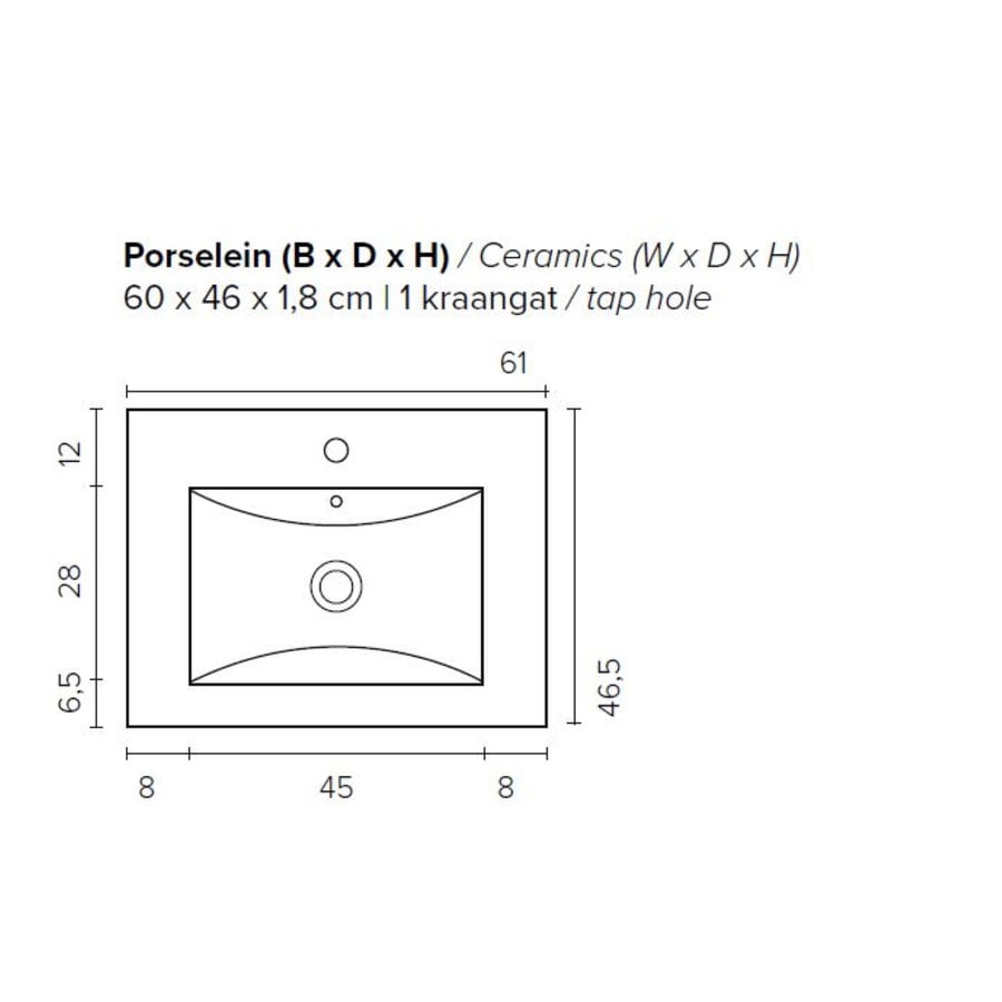 Badkamermeubel BWS Pepper Wastafel Porselein Incl Spiegelkast Met Kraangat 60x55x46 cm Antraciet