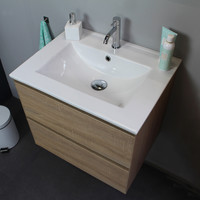 Badkamermeubel BWS Pepper Wastafel Porselein Incl Spiegelkast Met Kraangat 60x55x46 cm Eiken