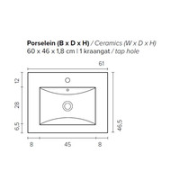 Badkamermeubel BWS Pepper Wastafel Porselein Incl Spiegelkast Met Kraangat 60x55x46 cm Wit