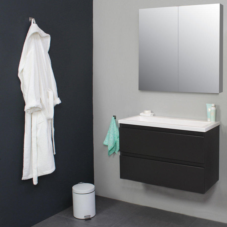 Badkamermeubel BWS Pepper Wastafel Acryl Incl Spiegelkast 2 Deurs Zonder Kraangat 80x55x46 cm Antraciet
