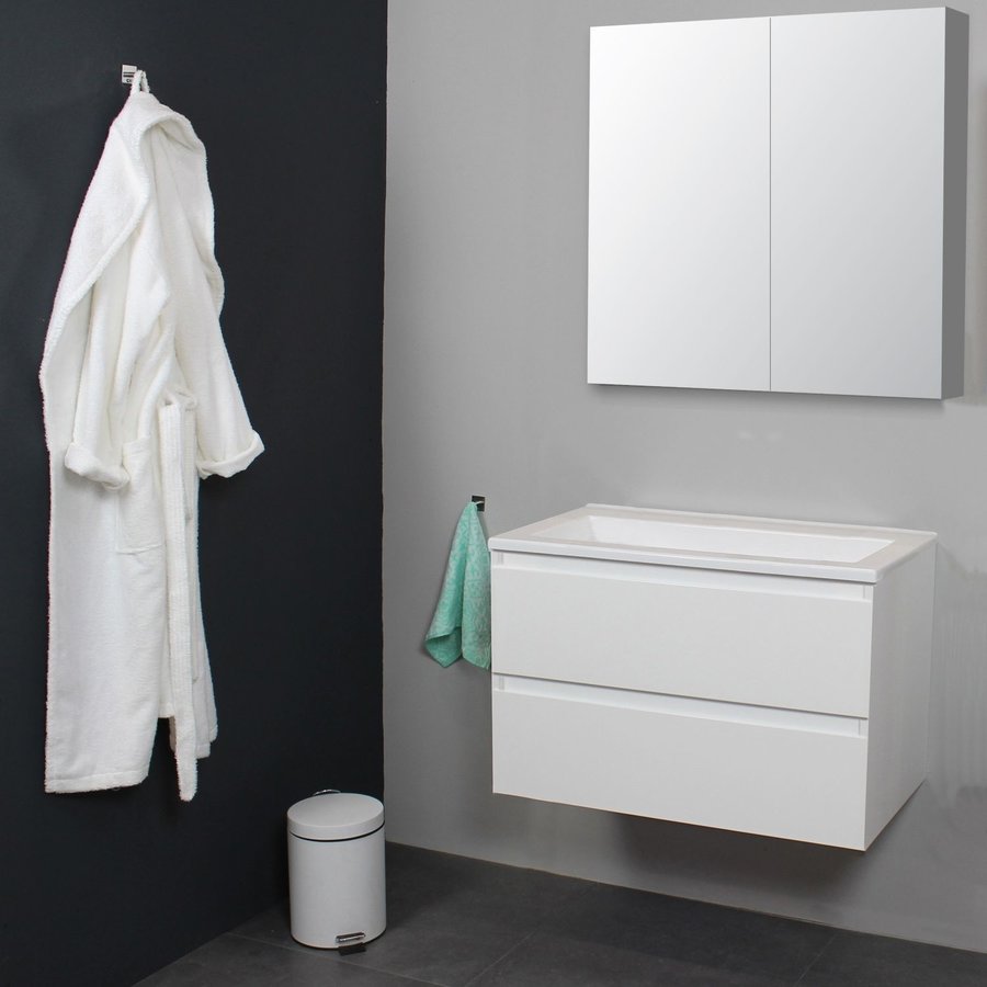 Badkamermeubel BWS Pepper Wastafel Acryl Incl Spiegelkast 2 Deurs Zonder Kraangat 80x55x46 cm Wit