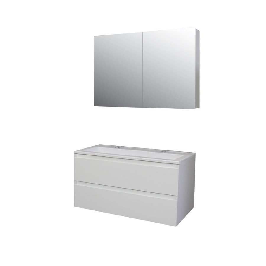 Badkamermeubel BWS Pepper Wastafel Acryl Incl Spiegelkast 2 Deurs Met 2 Kraangaten 100x55x46 cm Wit
