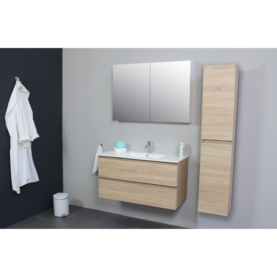 Badkamermeubel BWS Pepper Wastafel Porselein Incl Spiegelkast 2 Deurs Met 1 Kraangat 100x55x46 cm Eiken