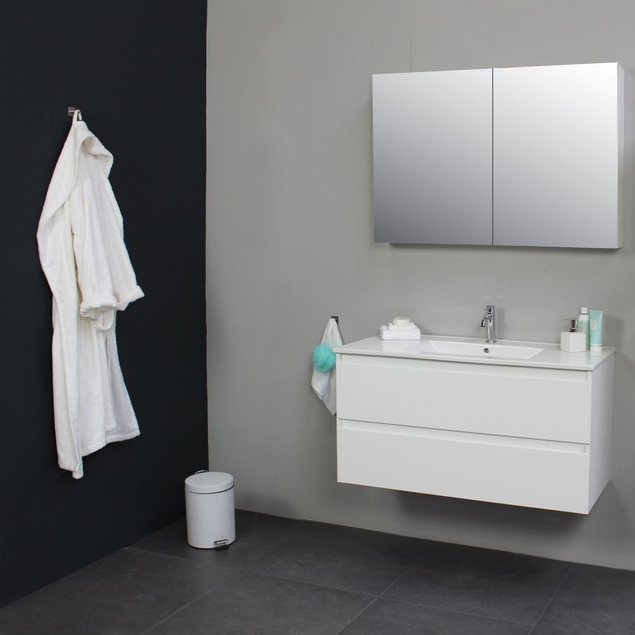 Badkamermeubel BWS Pepper Wastafel Porselein Incl Spiegelkast 2 Deurs Met 1 Kraangat 100x55x46 cm Wit