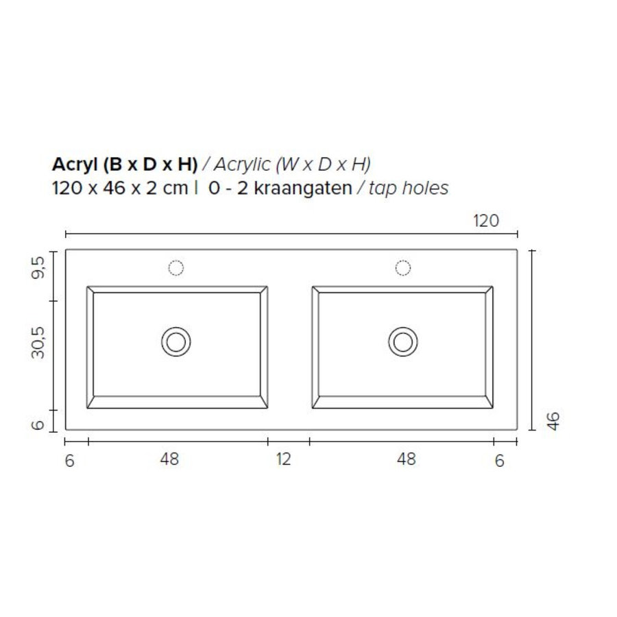 Badkamermeubel BWS Pepper Wastafel Acryl Incl Spiegelkast 2 Deurs Met 2 Kraangaten 120x55x46 cm Wit