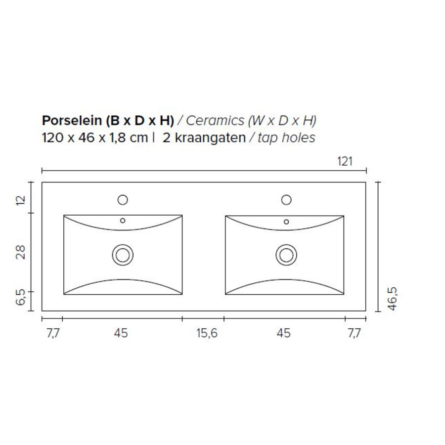 Badkamermeubel BWS Pepper Wastafel Porselein 2 Kraangaten Spiegelkast 120x55x46 cm Eiken