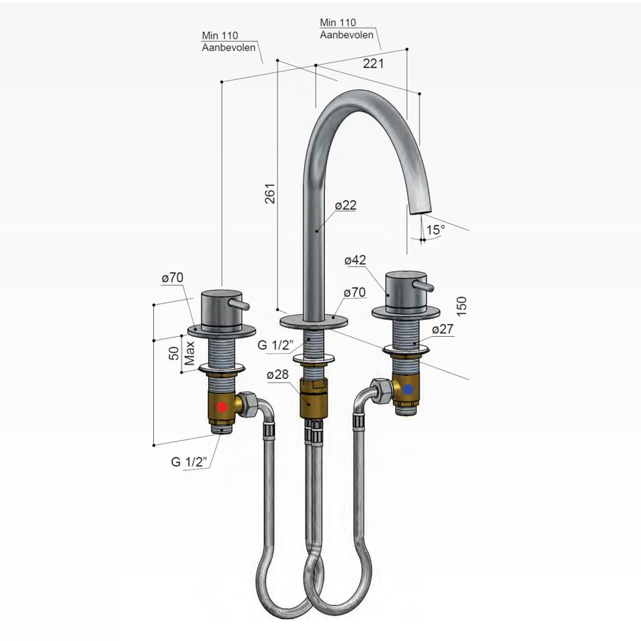 Wastafelmengkraan Hotbath Cobber 3 gats 2-hendel Gebogen 26.1 cm (15 Verschillende Kleuren)