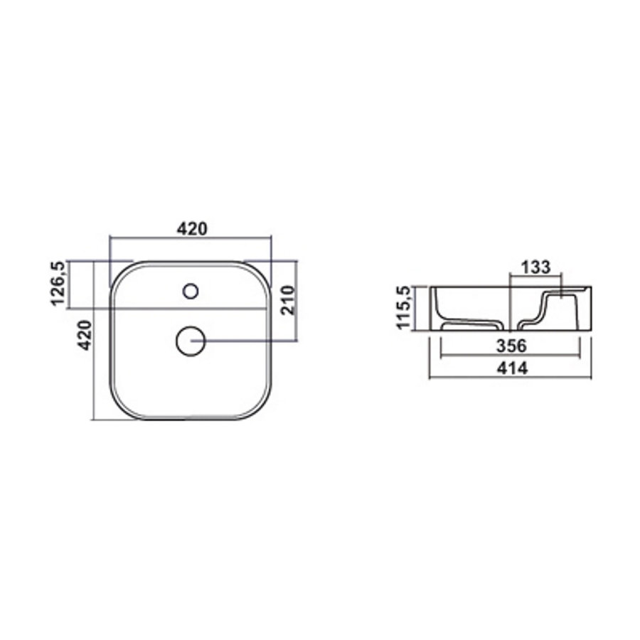 Opbouwwastafel BWS Fresh Keramiek 42x42 cm Zonder Overloop Mat Zwart (Kraangat Midden)
