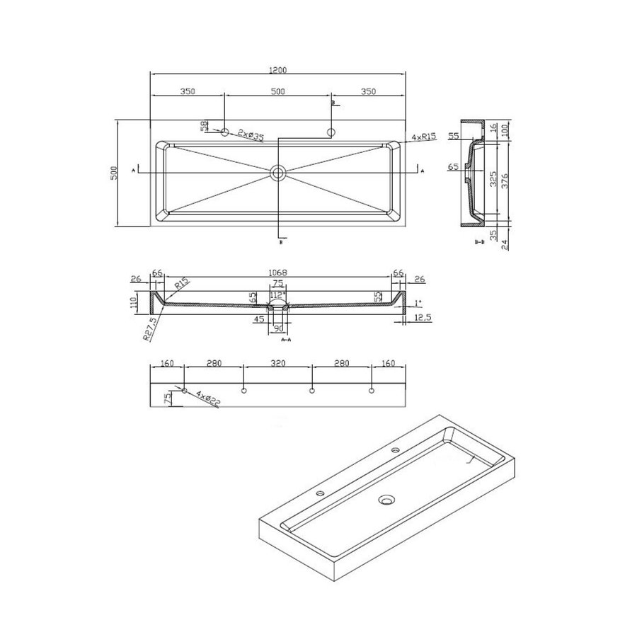 Wastafel Best Design Opera-120 Just-Solid 120x50x11 cm Mat Zwart