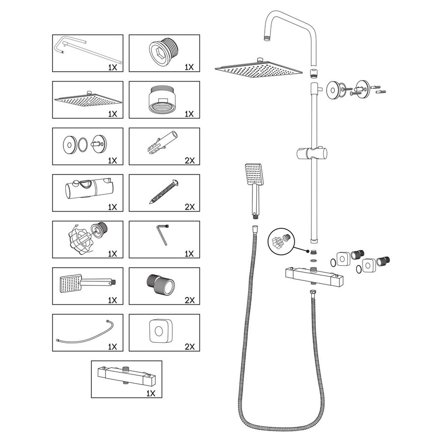 Regendouche Differnz Thermoline Vierkant 25x25 cm Stortdouche met Handdouche Mat Zwart