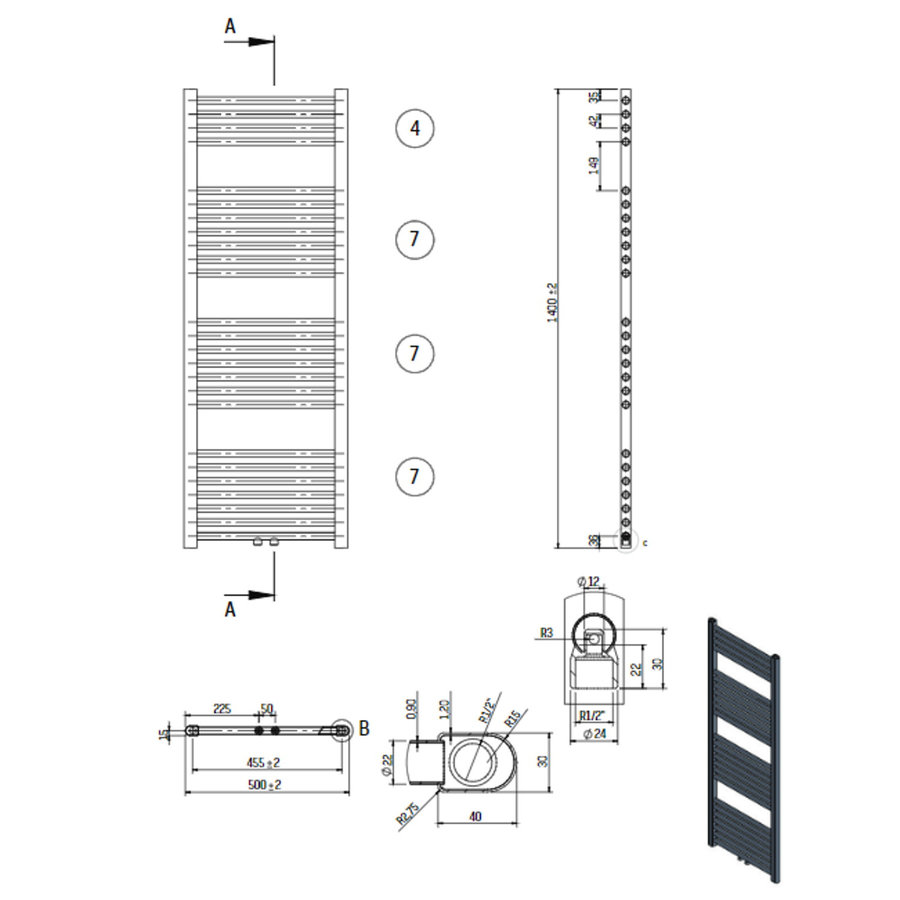 Designradiator Nile Gobi 140x50cm 655W Wit (Midden/zij-aansluiting)