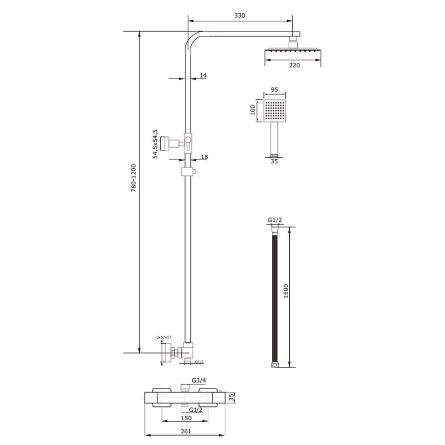 Opbouw Regendouche Set Boss & Wessing Quadro Thermostatisch Hoofddouche 22 cm Vierkant Chroom