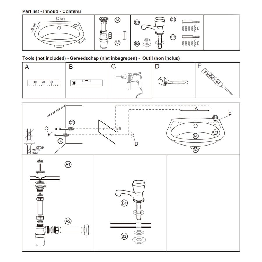 Fonteinset Differnz Gaia 32x28x15cm Wit Met Kraan en Sifon
