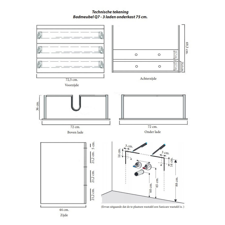 Onderkast Sanicare Q7 Drie Soft-Close Laden Greeploos 75x45 cm Belluno-Eiken