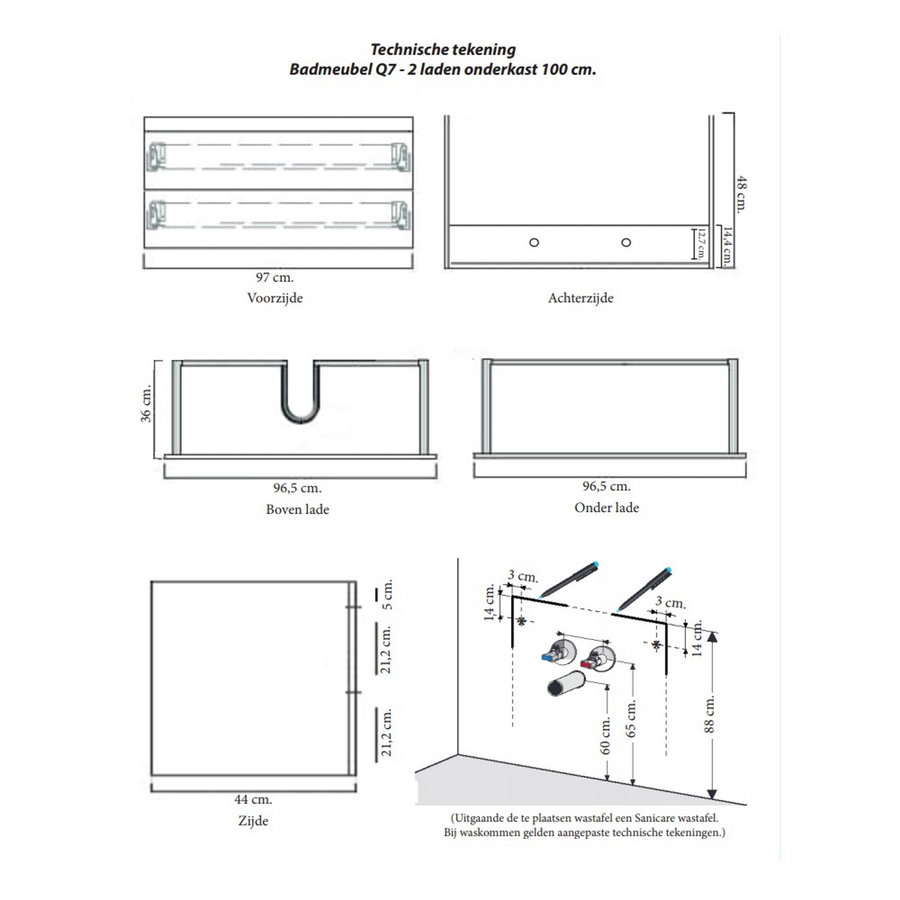 Onderkast Sanicare Q7 Twee Soft-Closing Laden 100x45 cm Belluno-Eiken