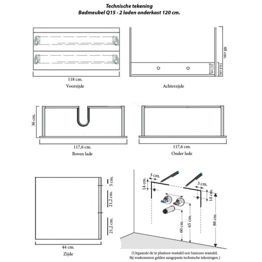 Onderkast Sanicare Q15 2 Laden Chromen Greep Soft-Close 120x45 cm Belluno-Eiken