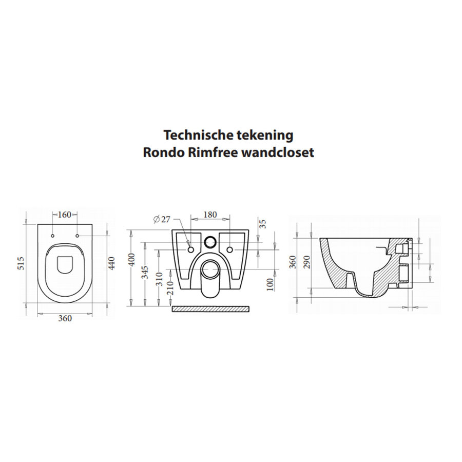 Wandcloset Sanicare Rondo Compact Rimfree Met Bidetsproeier Keramiek Incl Slim Zitting Wit 51x36 cm