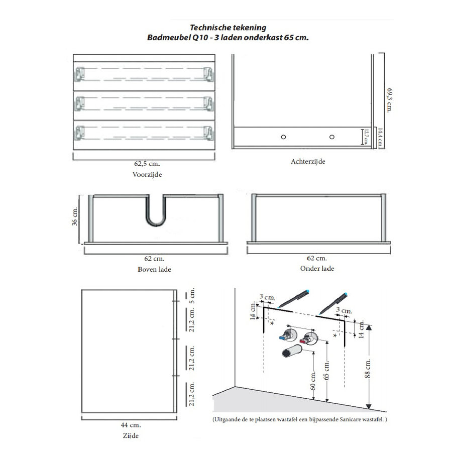 Onderkast Sanicare Q9/Q10 Drie Laden Chromen Greep Soft-Close 65x46 cm Belluno-Eiken