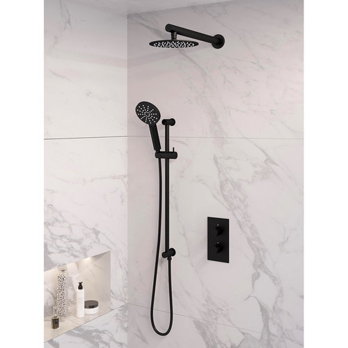 Inbouw Regendouche Set Brauer Black Edition Wanduitloop Ronde Hoofddouche 20 cm Met Glijstang en Handdouche 3 Standen Mat Zwart 