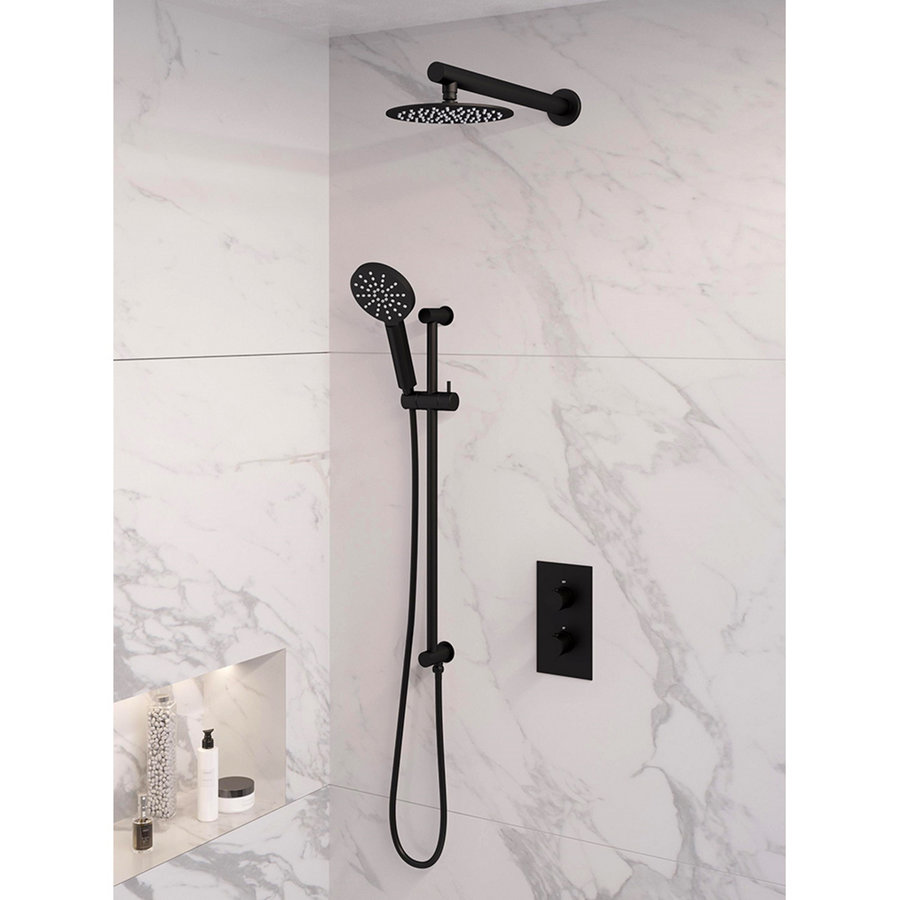 Inbouw Regendouche Set Brauer Black Edition Wanduitloop Ronde Hoofddouche 20 cm Met Glijstang en Handdouche 3 Standen Mat Zwart