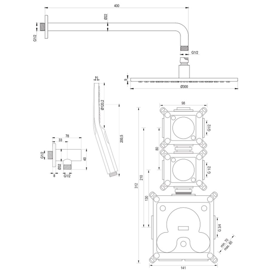 Inbouw Regendouche Set Brauer Black Edition Gebogen Wanduitloop Ronde Hoofddouche 30 cm Met Twee Stopkranen en Handdouche 3 Standen Mat Zwart