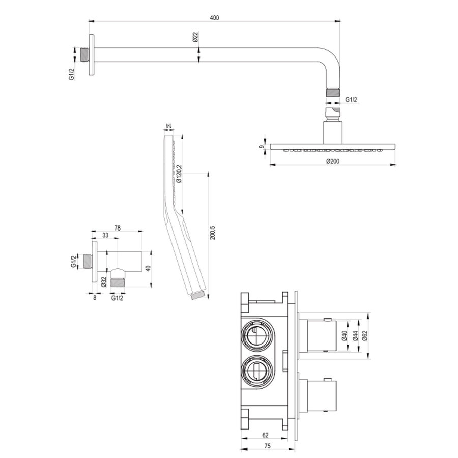 Inbouw Regendouche Set Brauer Brushed Edition Gebogen Wanduitloop Ronde Hoofddouche 20 cm Met Handdouche 3 Standen RVS Look