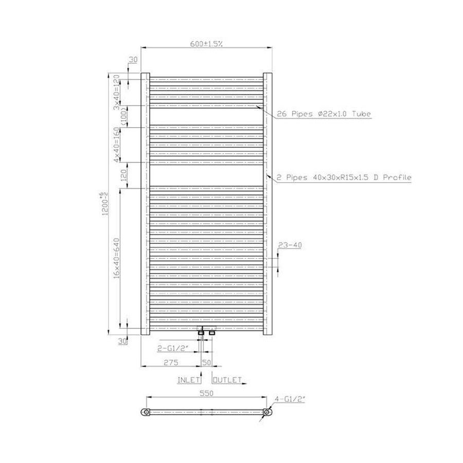 Radiator Sanilux Lydia 120x60cm 773 Watt Midden-onder Aansluiting Mat Zwart (incl. bevestigingsset, blindstop en ontluchter)