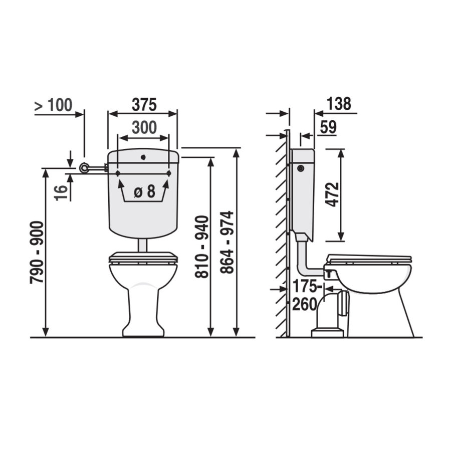 Reservoir Laaghangend Plieger Ruhr Dual Flush 3,5-6/9L Instelbaar Wit