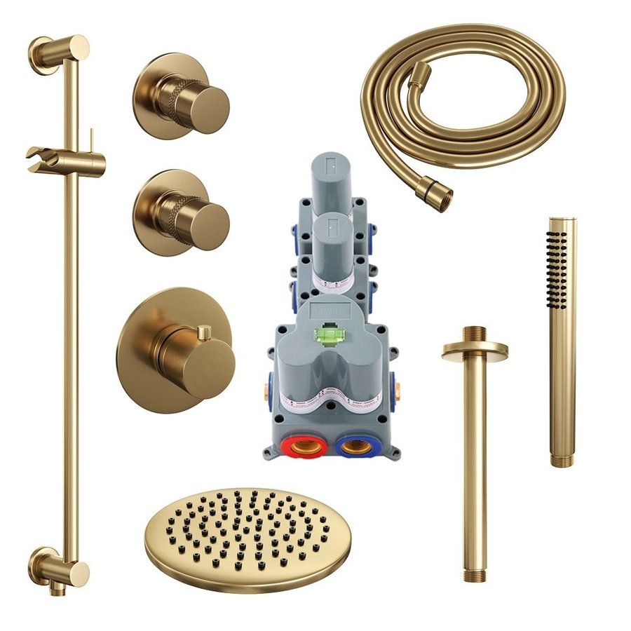 Regendoucheset Inbouw Brauer Gold Edition Thermostatisch 20cm met Plafondarm, Glijstang en Handdouche Staaf Losse Stopkranen Geborsteld Goud