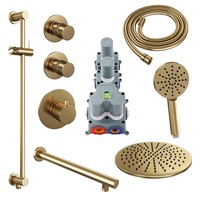 Regendoucheset Inbouw Brauer Gold Edition Thermostatisch 30cm met Wandarm, Glijstang en Handdouche 3-Standen Losse Stopkranen Geborsteld Goud