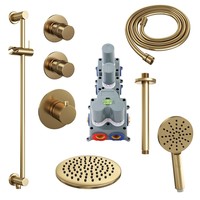 Regendoucheset Inbouw Brauer Gold Edition Thermostatisch 20cm met Plafondarm, Glijstang en Handdouche 3-Standen Losse Stopkranen Geborsteld Goud
