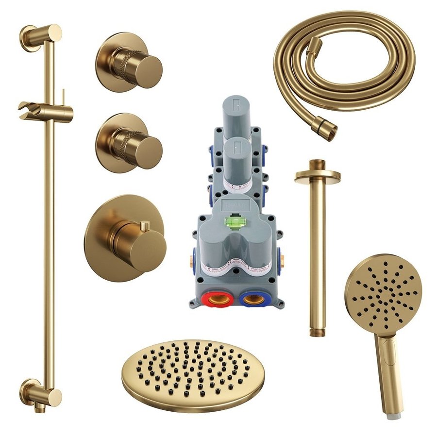 Regendoucheset Inbouw Brauer Gold Edition Thermostatisch 20cm met Plafondarm, Glijstang en Handdouche 3-Standen Losse Stopkranen Geborsteld Goud