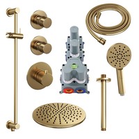 Regendoucheset Inbouw Brauer Gold Edition Thermostatisch 30cm met Plafondarm, Glijstang en Handdouche 3-Standen Losse Stopkranen Geborsteld Goud