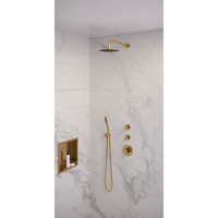 Regendoucheset Inbouw Brauer Gold Edition Thermostatisch 20cm met Gebogen Wandarm en Handdouche Staaf Losse Stopkranen Geborsteld Goud