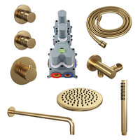 Regendoucheset Inbouw Brauer Gold Edition Thermostatisch 20cm met Gebogen Wandarm en Handdouche Staaf Losse Stopkranen Geborsteld Goud