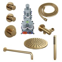 Regendoucheset Inbouw Brauer Gold Edition Thermostatisch 30cm met Gebogen Wandarm en Handdouche Staaf Losse Stopkranen Geborsteld Goud