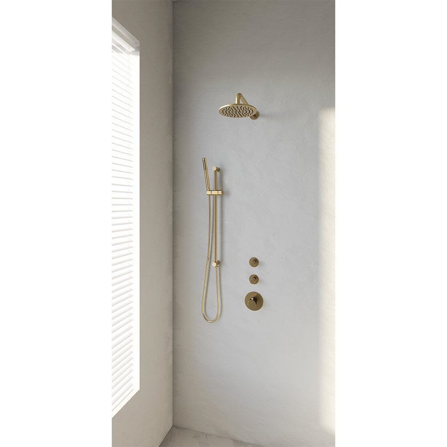 Regendoucheset Inbouw Brauer Gold Edition Thermostatisch 20cm met Gebogen Wandarm, Glijstang en Handdouche Staaf Losse Stopkranen Geborsteld Goud