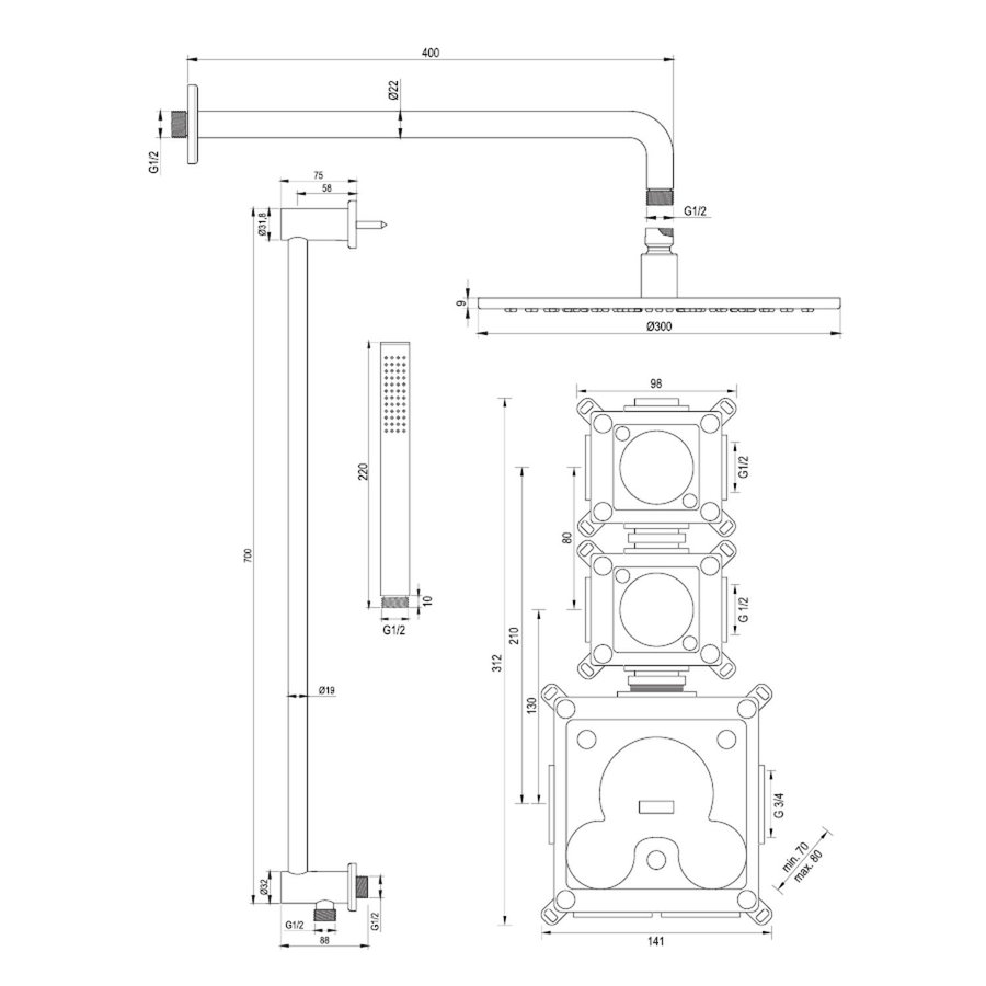 Regendoucheset Inbouw Brauer Gold Edition Thermostatisch 30cm met Gebogen Wandarm, Glijstang en Handdouche Staaf Losse Stopkranen Geborsteld Goud