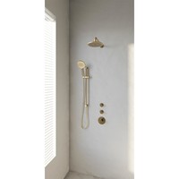 Regendoucheset Inbouw Brauer Gold Edition Thermostatisch 20cm met Gebogen Wandarm, Glijstang en Handdouche 3-Standen Losse Stopkranen Geborsteld Goud