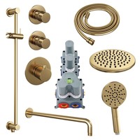 Regendoucheset Inbouw Brauer Gold Edition Thermostatisch 20cm met Gebogen Wandarm, Glijstang en Handdouche 3-Standen Losse Stopkranen Geborsteld Goud